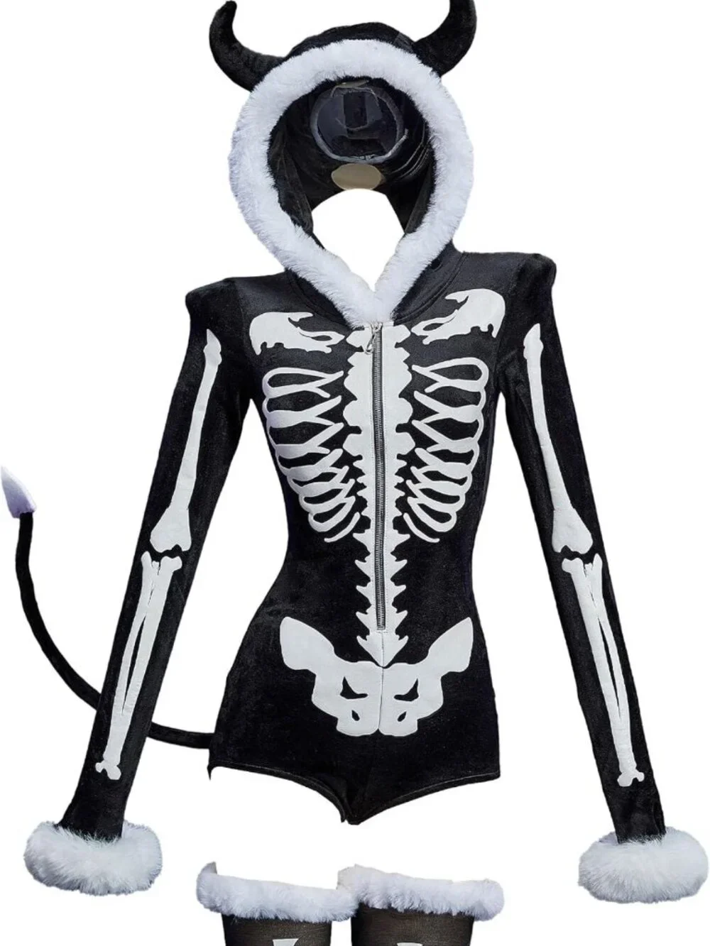 Gothic Hooded Bodysuit with Skull Pattern, Furry Tail & Socks - Halloween